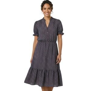 Fraiche by J Navy Floral Midi Dress Women's Large Short Puff Sleeve Tiered Hem L